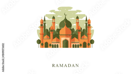 Stylized Illustration of a Grand Mosque with Minarets during Ramadan