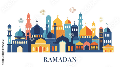 Colorful Islamic Cityscape with Minarets and Domes for Ramadan Celebrations