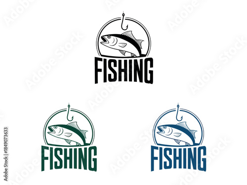 Colorful Fishing Logos with Fish Hook and Text in Black, Green, and Blue Variations