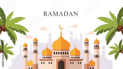 Serene Ramadan Palm Trees with Mosque Silhouette and Golden Domes