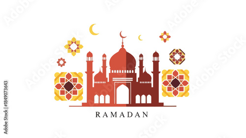 Ramadan Mosque Illustration with Crescent Moons and Floral Patterns