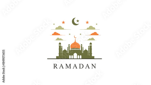 Ramadan Celebration Illustration Featuring a Mosque and Night Sky Elements