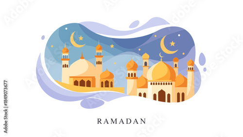 Ramadan celebration depiction with mosque silhouette under starry night sky