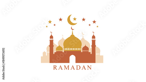 Elegant Ramadan Mosque Illustration with Crescent and Star Symbols