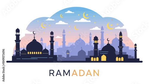 Illustration of Islamic Crescent Moon and Minarets with Ramadan Theme