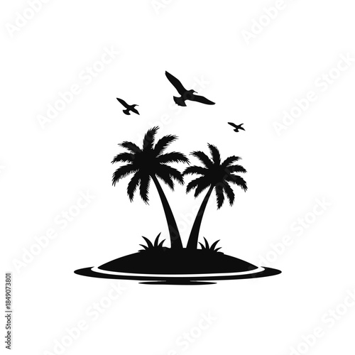 Black silhouette of a tropical island with palm trees and flying birds on a white background.