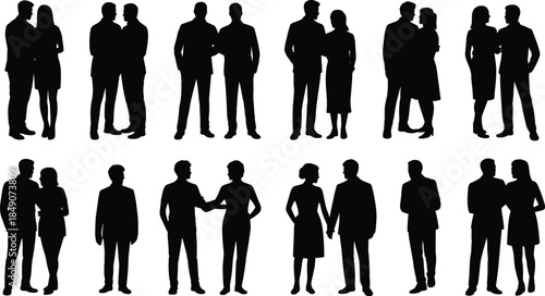 Silhouette vector set of human pairs in diverse poses for relationship, emotion, and lifestyle illustration themes.