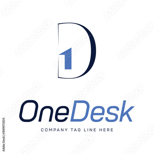 One Desk company logo with stylized D and number 1 on light blue background brand