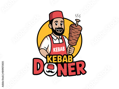Colorful Cartoon Chef Holding Kebab Doner Meat on a Spit with Apron and Hat