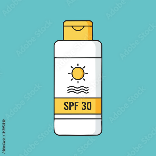 Illustration of a white and yellow sunscreen bottle with SPF 30 label and sun icon on a teal background.