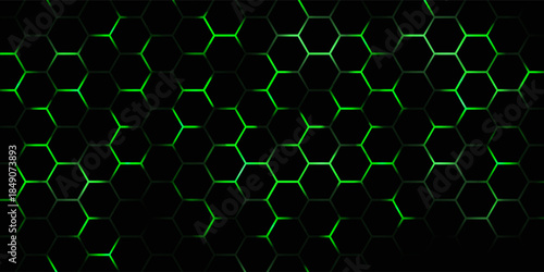 Hexagonal cyberspace green background. Hexagon grid tech pattern.