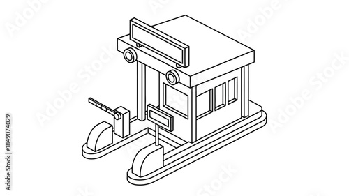 Isometric illustration of a security guard booth with detailed architectural features and a minimalist style