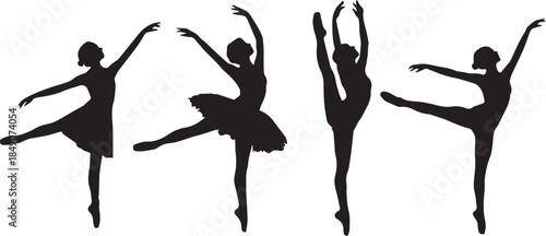Four ballerina silhouettes performing different ballet poses