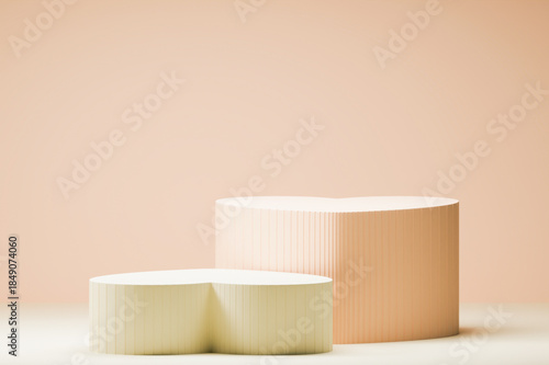 Beige heart-shaped 3D podiums on peach background.