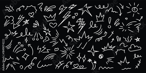 Hand drawn doodle elements arrows stars hearts crowns