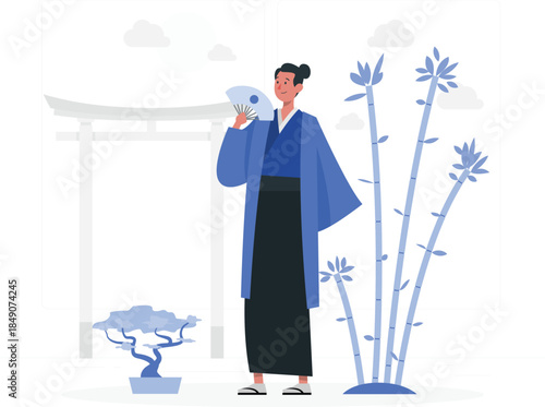 Japanese man in traditional clothing standing with bamboo and bonsai tree kimono hakama