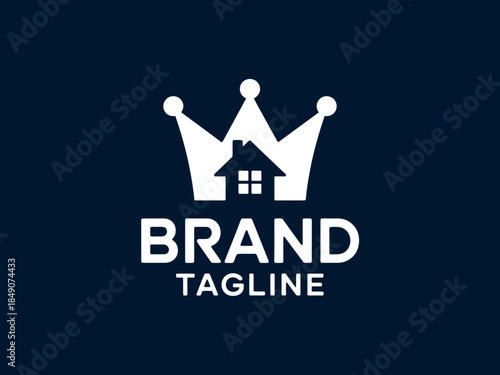 Luxury Real Estate Brand Logo Crown House Icon Navy Blue Background Design Template