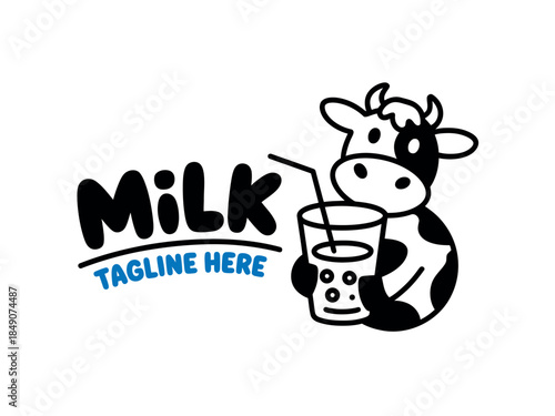 Cute cartoon cow drinking milk from a glass with straw and tagline space