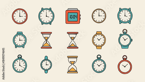 Collection of vintage and modern timekeeping devices icons.