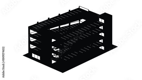 Isometric view of a modern multi story parking garage structure with distinct openings and architectural details