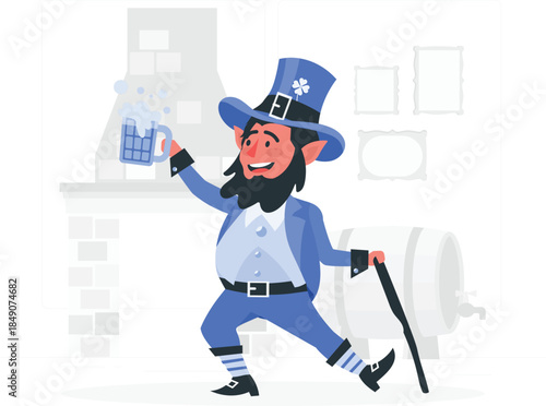 Leprechaun holding beer mug and cane walking blue suit des