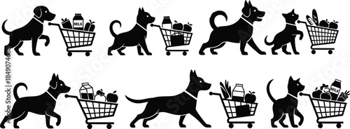 Dog shopping silhouette, grocery cart interaction, black outline, minimal art, pet humor, walking pose, food items, playful concept design