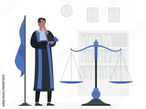 Male judge in black and blue robe holding gavel standing next to flag and scales black robe d