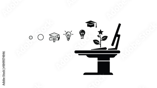 Black and white illustration of laptop with plant growing out of it surrounded by education and innovation icons on white background
