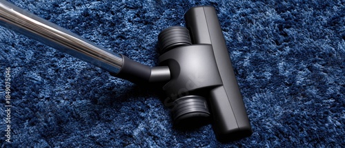 Vacuuming a blue carpet with a metallic vacuum cleaner head in a living room during daytime