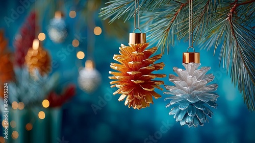 Detail shot of pine cones dipped in gold and silver, hanging among the lights on a Christmas tree. The dark blue background has a wet-look glitter paint effect for maximum shine