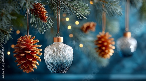 Detail shot of pine cones dipped in gold and silver, hanging among the lights on a Christmas tree. The dark blue background has a wet-look glitter paint effect for maximum shine