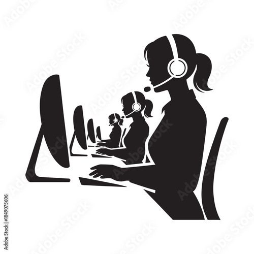 Silhouettes of customer service representatives working at computer stations