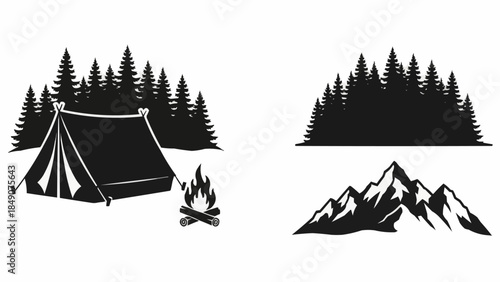 Camping Scene with Tent and Campfire in Forest with Mountains.