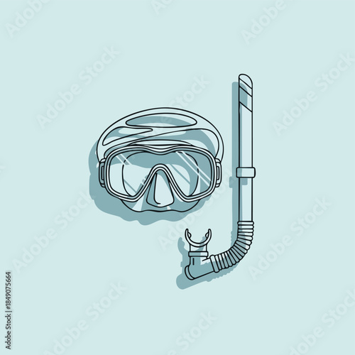 Illustration of a snorkeling mask and snorkel on a light blue background with a simple line drawing style.