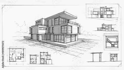 Modern Architectural Blueprint Design of a Multi-Story House.