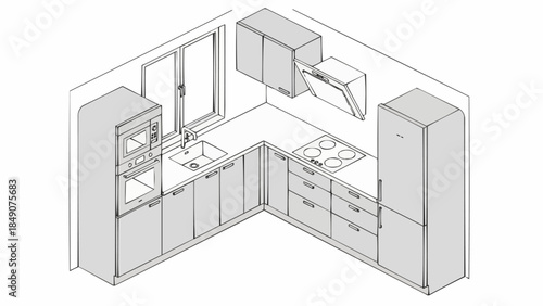 Modern L-Shaped Kitchen Design with Integrated Appliances and Ample Storage.