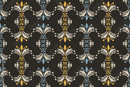 Ethnic abstract ikat fabric artwork with seamless patterns, combining tribal, indigenous and Mexican embroidery with Aztec geometric motifs. Ideal for rugs, wallpapers, throws, fabrics, and clothing.