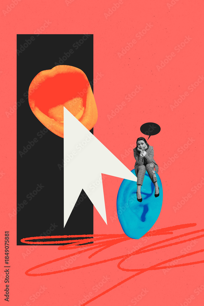 Naklejka premium 3D collage design composite trend artwork sketch of mouth rumor speak dialog bizarre young woman sad bad mood sit ear hearsay chatting