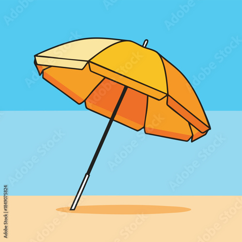 Illustration of a vibrant orange beach umbrella standing on sandy shore against a clear blue sky and sea with warm tones.