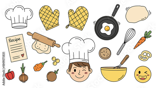A collection of hand-drawn cartoon cooking and baking elements including chef hats, kitchen utensils, ingredients, and a winking chef character.