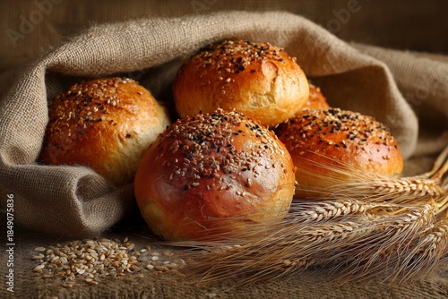 Fresh Baked Rolls With Sesame Seeds and Wheat Lying on Rustic Wood