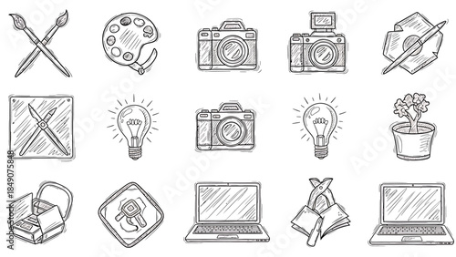 A collection of hand-drawn sketch icons featuring art supplies, cameras, light bulbs, laptops, plants, and other miscellaneous objects.