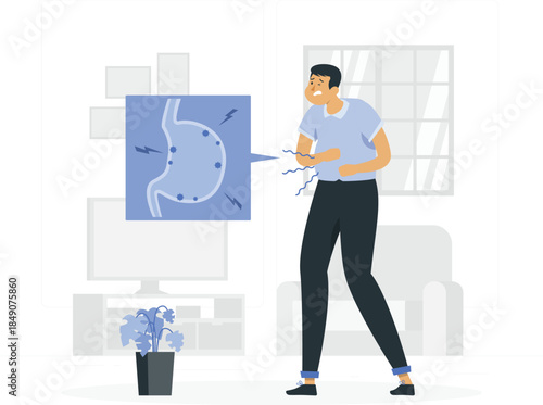 Man experiencing stomach pain with inflamed intestine digestive issues d