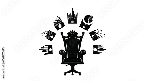 Symbolic throne representing power, leadership, and strategic decision-making with surrounding charts.