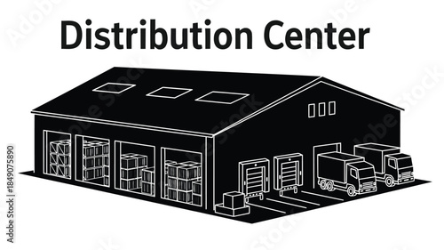 A simple black and white line drawing depicts a warehouse with goods and delivery trucks