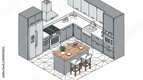 Modern Kitchen Design with Island and Appliances.