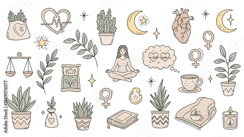 A collection of hand-drawn wellness and self-care doodle icons including meditation, plants, hearts, and celestial elements.