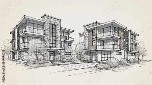 Modern Apartment Buildings Architectural Sketch.