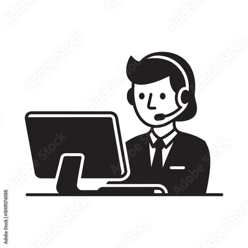 Customer support representative wearing a headset working at a computer