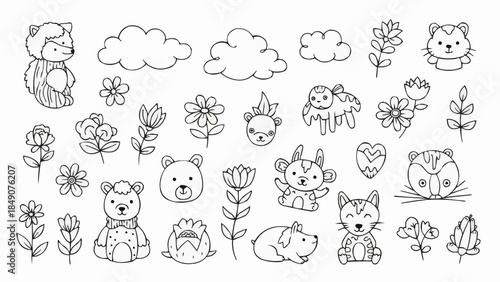 Cute Hand Drawn Animals and Flowers Collection.
